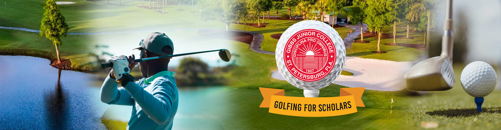 A collage of a large water hazard on a golf course, a golfer, wearing a ball cap, on the follow-through of his swing, the Gibbs Junior College logo over a golf course background, and a golf club about to strike a golf ball.