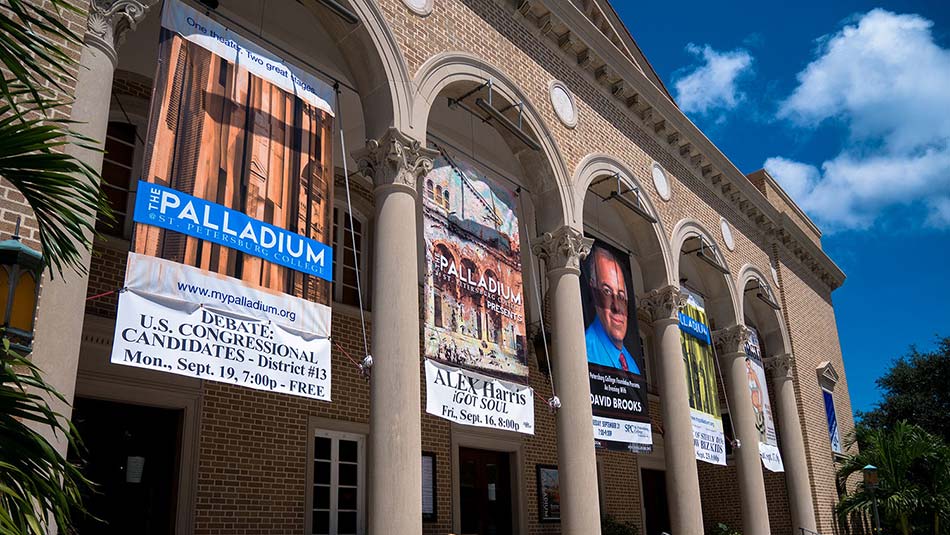 A view of the pillars and banners at the front of the Palladium