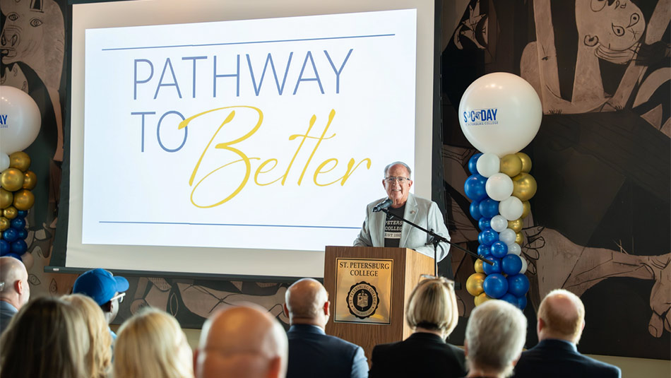 Rich Warshof, Co-Chair of the Pathway to Better campaign speaking at a gathering of people celebrating the college's 98th anniversary at the Tarpon Springs Campus
