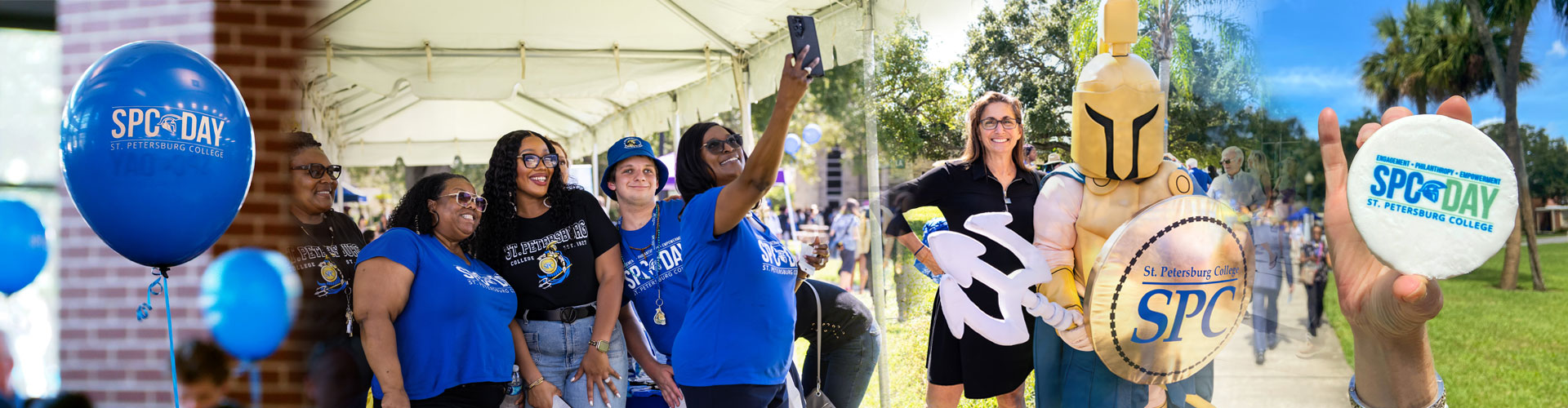 collage of SPC Day images including blue balloons, nicole stott taking a photo with Titus the mascot, college president dr tonjua williams taking selfies with employees and students