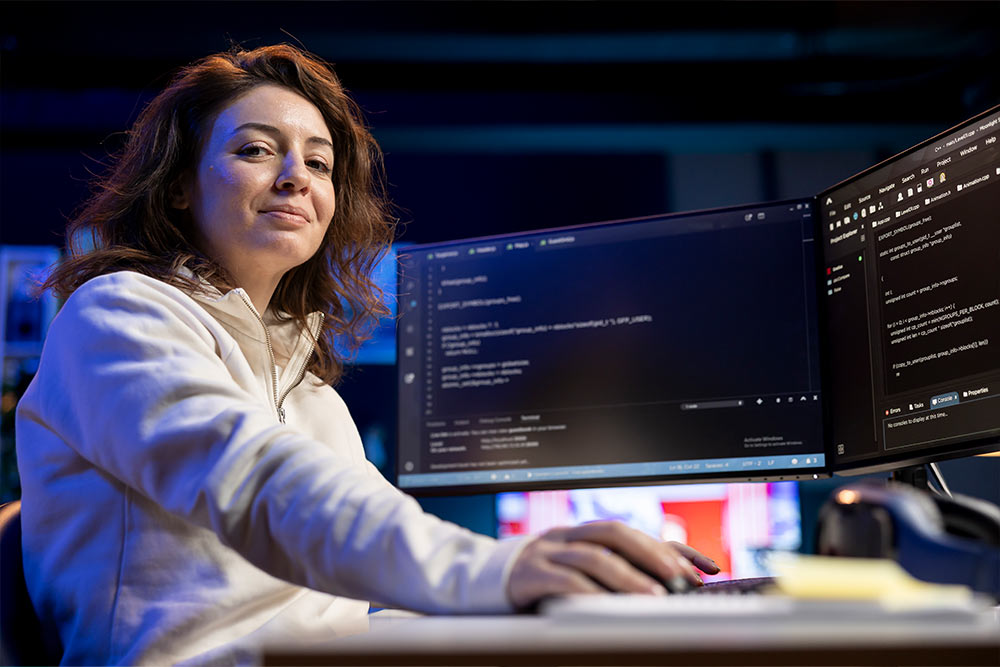 female student in a white button down shirt looking up from her computer at a desk