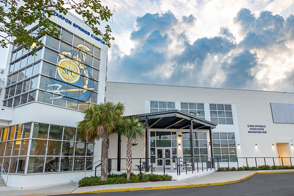 The SPC Tarpon Springs Campus Chris Sprowls Workforce Innovation Hub building, beneath a blue sky.