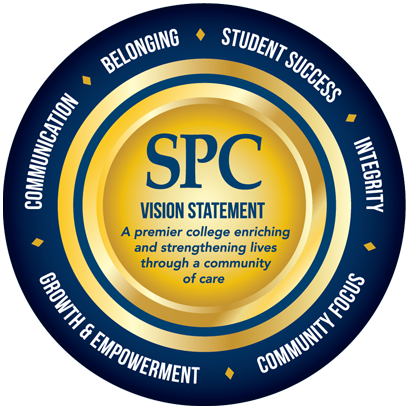 blue and gold seal with the words communication, belonging, student success, integrity, growth & empowerment, and community focus in white font