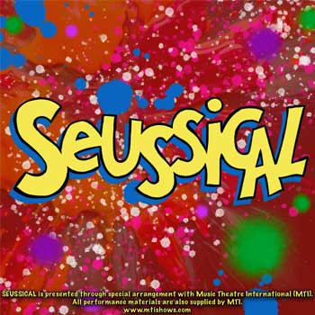 illustration yellow letters spelling Seussical over a mostly red multi-color background