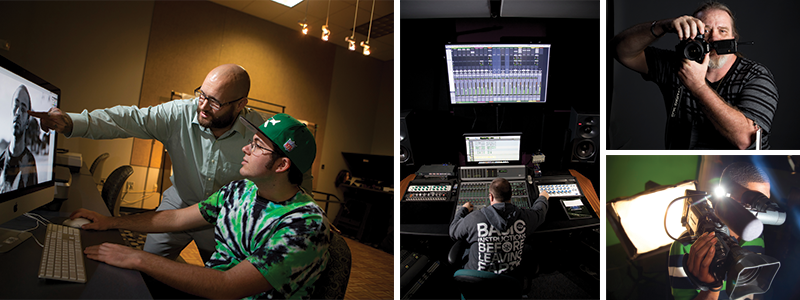 collage of a professor and student working on video editing software on a computer, a student working on a soundboard, a student pointing a camera at the viewer, and a student working a video camera