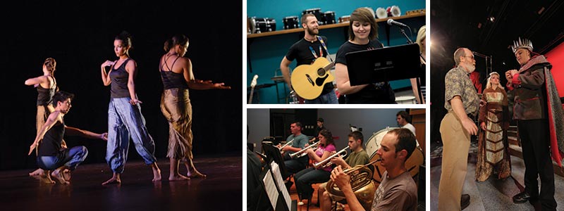 collage of dancers, musicians in a recording studio, members of a symphony band and students on a theater stage