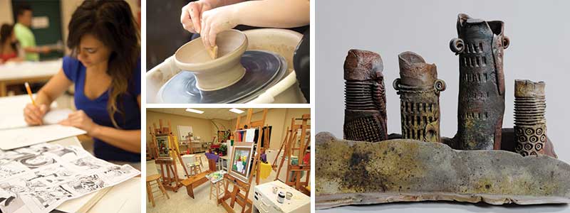 collage of a student drawing, easels, a student shaping clay on a wheel and sculptures