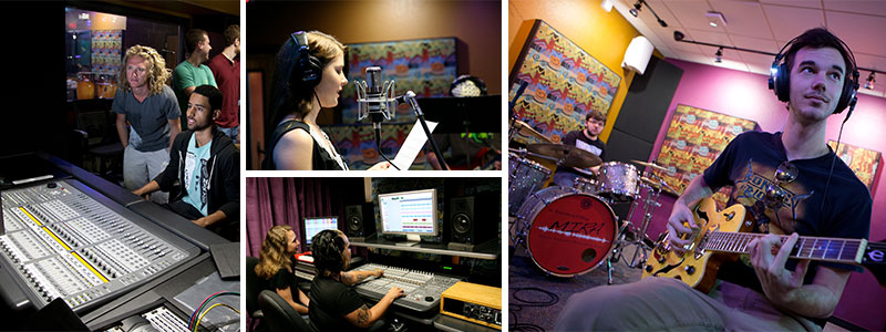collage of students in a music recording studio, a female singer at a mircophone and a male guitar player