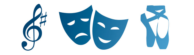 blue icons of a clef symbol, theater masks and ballet shoes