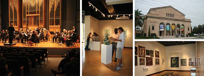 collage of a symphony orchestra performing, students enjoying art work at Leepa Rattner Museum, and an outside shot of the Palladium at SPC