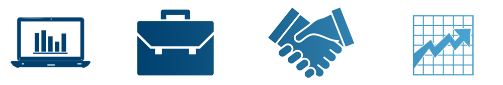 blue icons of bar graph on a laptop, briefcase, hands shaking and a chart with an upward arrow