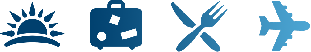 blue icons of a sunset, piece of luggage, knife and fork crossed and an airplane