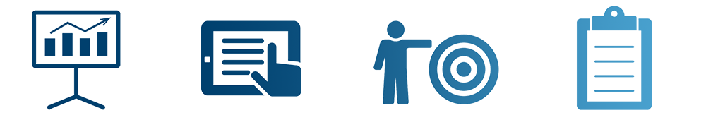 blue icons of graphics on a tv screen, a finger on a tablet device, a person pointing at a target and a clipboard