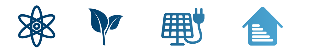 blue icons of two leaves, a solar panel and a house