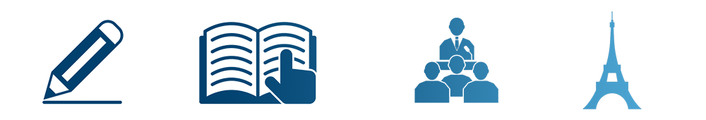 blue icons of a pencil, an open book, people listening to a speaker at a podium and a castle