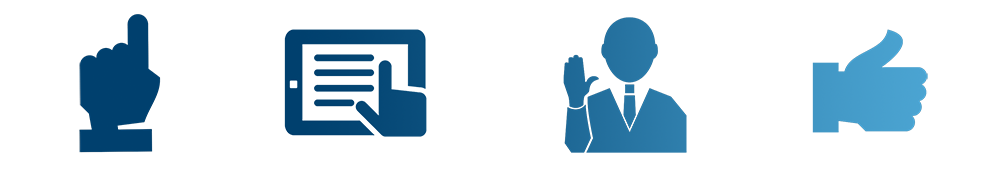 blue icons representing a finger pointing, computer screen, a man waving and a thumbs up