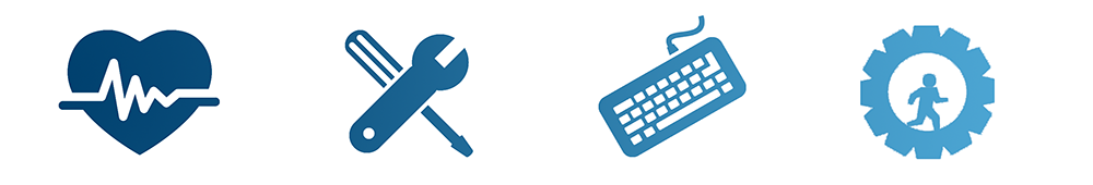blue icons of a heart monitor, tools, keyboard and gear tooth