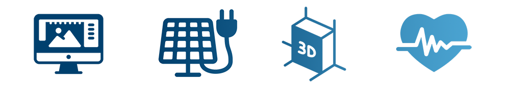 blue icons of computer screen, solar panel, 3-d box and heart monitor