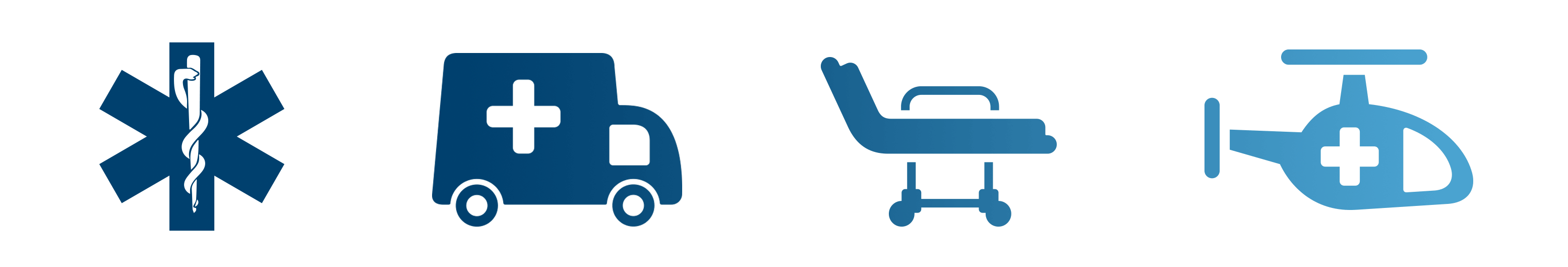 blue icons of ambulance, stretcher and helicopter