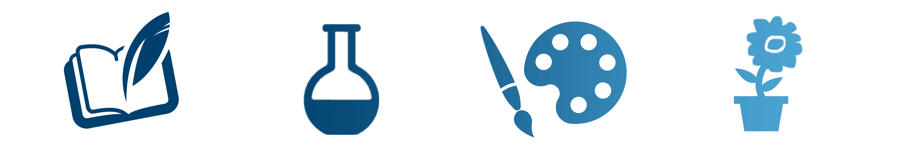 blue icons of a guest book, beaker, paint palette and flowers