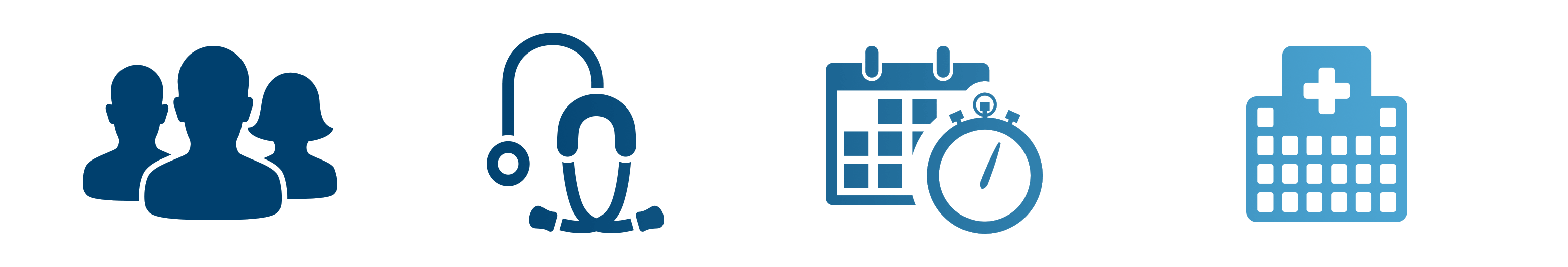 blue icons of a group of heads, stethoscope, timer and calendar 