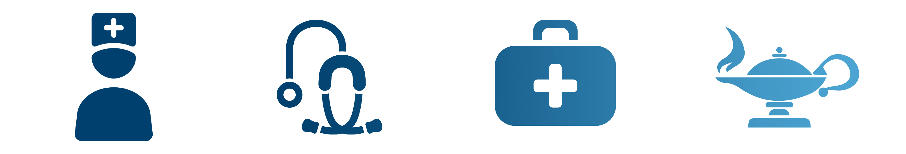 blue icons of a nurse cap, stethoscope and first aid kit