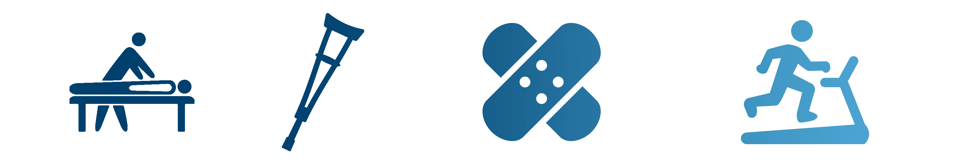 blue icons of a massage table, clent and and masseuse, single crutch, bandages and treadmill