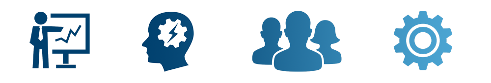 blue icons of a man in a tie presenting graphs, a profile of a head with a gear and lightning bolt inside, silhouettes of three people and a gear