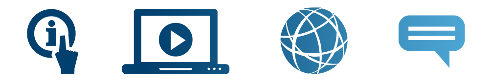 blue icons of person pointing a finger at an information symbol, laptop screen with a play button, globe and quote marks