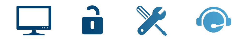 blue icons of a computer screen frame, lock, tools and a person wearing a phone headset