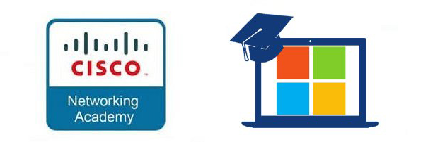blue, red and white icon for Cisco Training Academy and blue laptop screen with Microsoft logo and grad hat