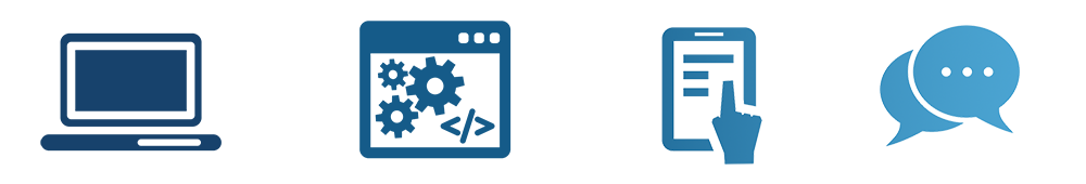 blue icons of laptop screen, gears, clipboard and bubble quotes