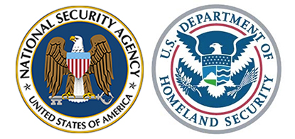 blue and gold badge representing the US National Security Agency and a blue, gray and green badge representing the US Department of Homeland Security