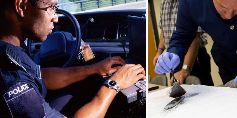 collage of a police officer working on a laptop in his cruiser and a gloved person dusting for fingerprints