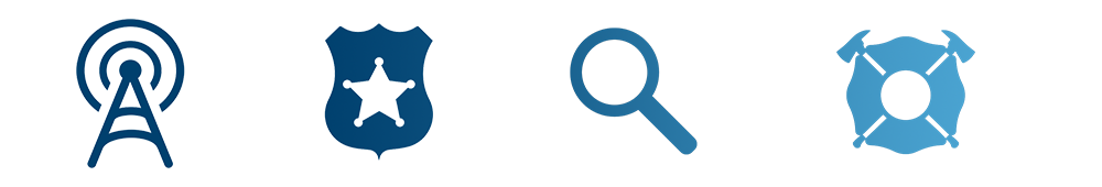 blue graphics of radio tower, badge, magnifying glass and innertube