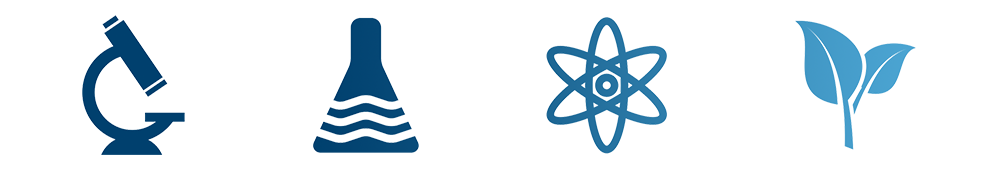blue icons of a microscope, beaker, plant leaf and atomic energy symbol