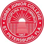 Gibbs Junior College Logo in a red circle, displaying the school name and Saint Petersburg, Florida around the perimeter, with Disciplina Pro Omnibus 1957 in the center with the sun at the end of a pier, surrounded by water.