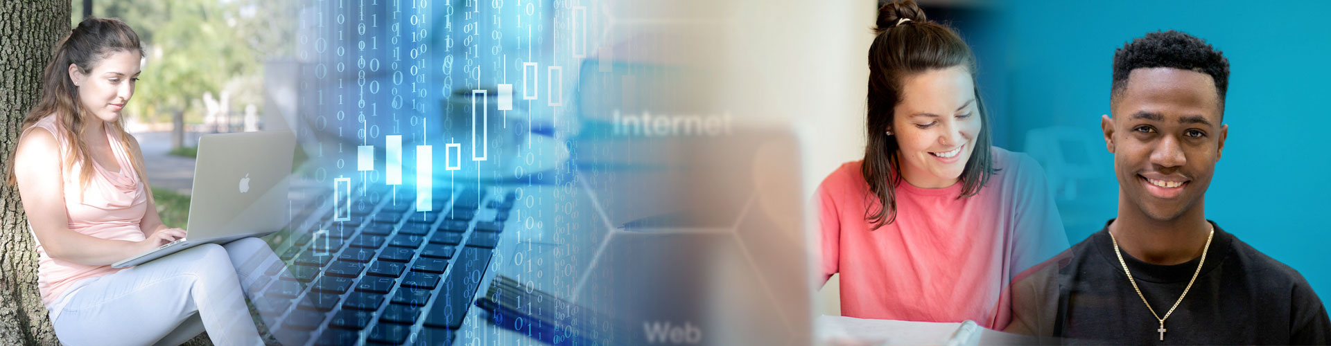A collage of a student working on her laptop, sitting against a tree; a candlestick chart; a female and male student.