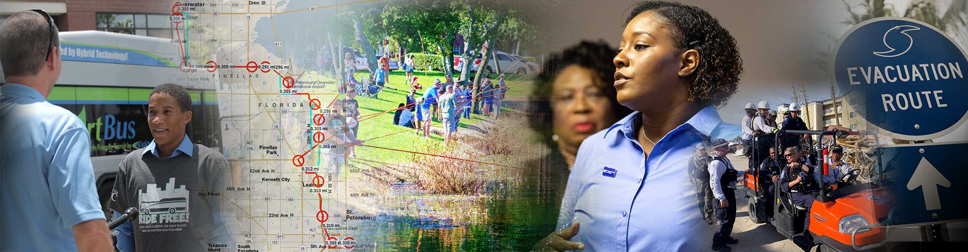 collage of images including a public bus, train map, people fishing at a pond, pubilc official in a blue shirt at a podium and an orange atv full of recover workers after a hurricane