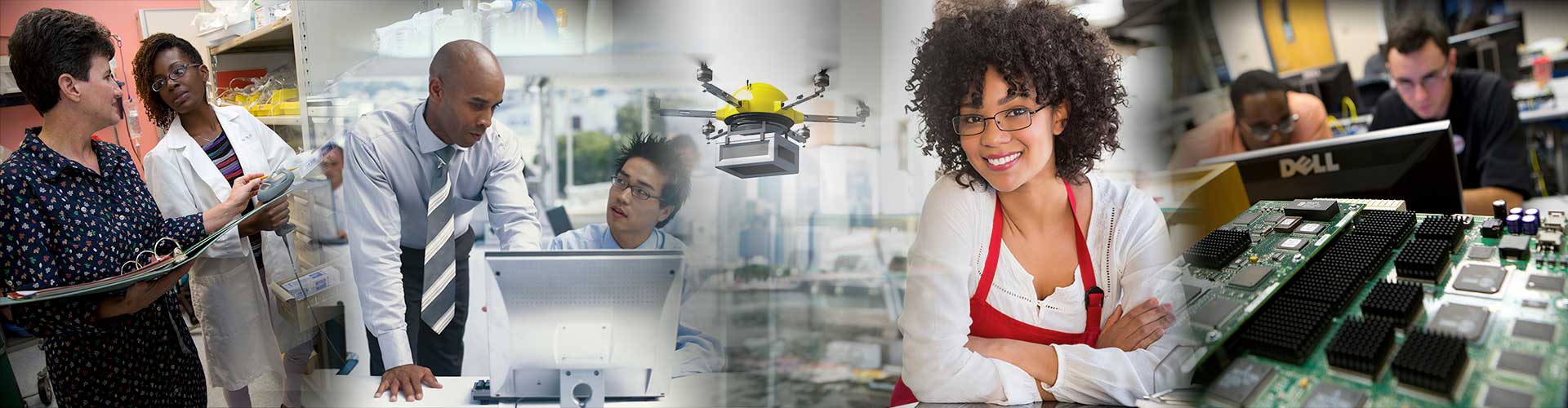 Collage of images including two men looking at a laptop, a yellow and black drone, cat 5 ethernet cables, white shelves and a woman in a red apron smiling