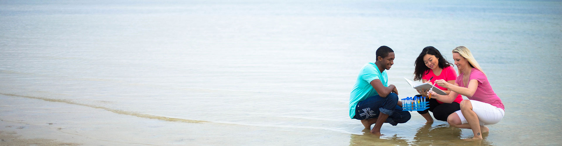 Students collect water samples from the beach.