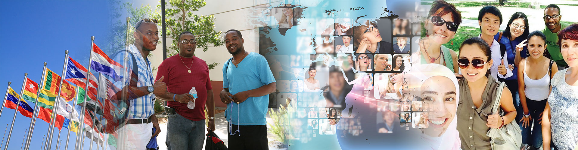 collage of flags at the United Nations, a group of male students smiling, a graphic of international Zoom calls and a group of women traveling 