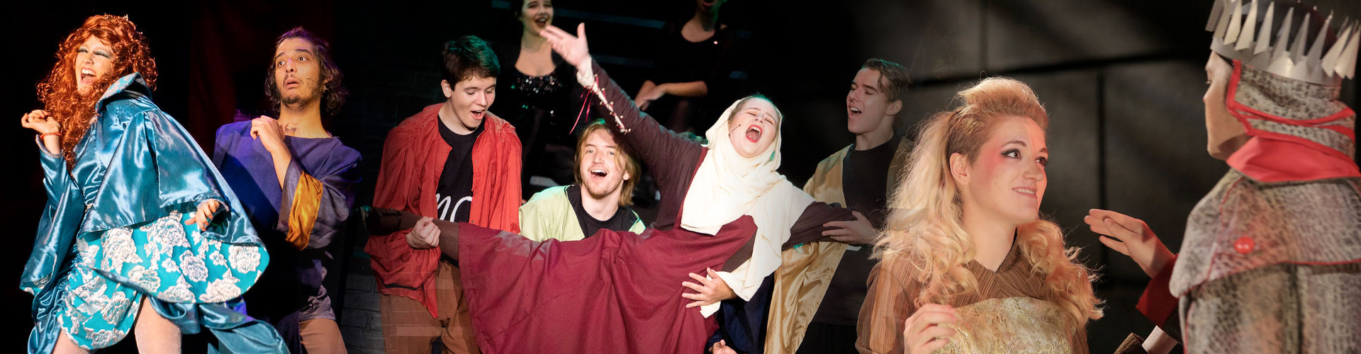 collage of male and female students in custumes acting in plays