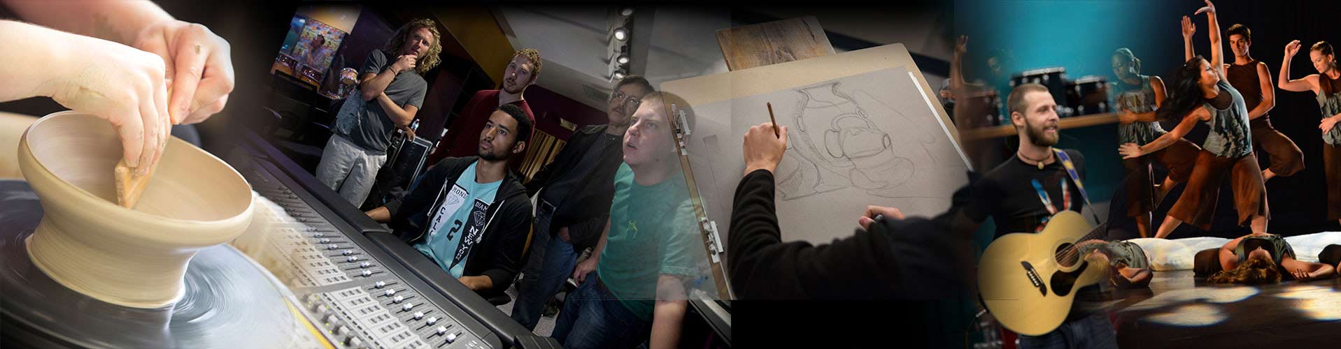 A collage including a student and professor discussing digital arts at a computer, a student sketching pottery, female and male music students standing at a microphone and playing acoustic guitar, respectively, and a dance group on stage.